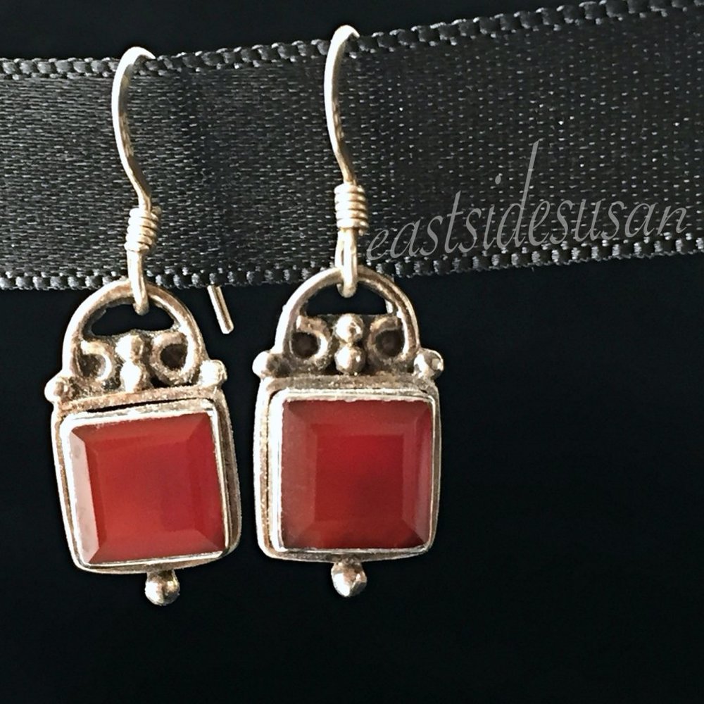 VTG Square Cut AMBER + STERLING SILVER Earrings Marked 925
